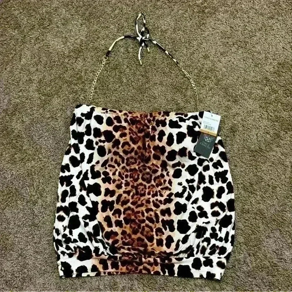 NWT - Vince Camuto Chain Halter Blouson Tankini Top Leopard Print, size S - Picture 3 of 6